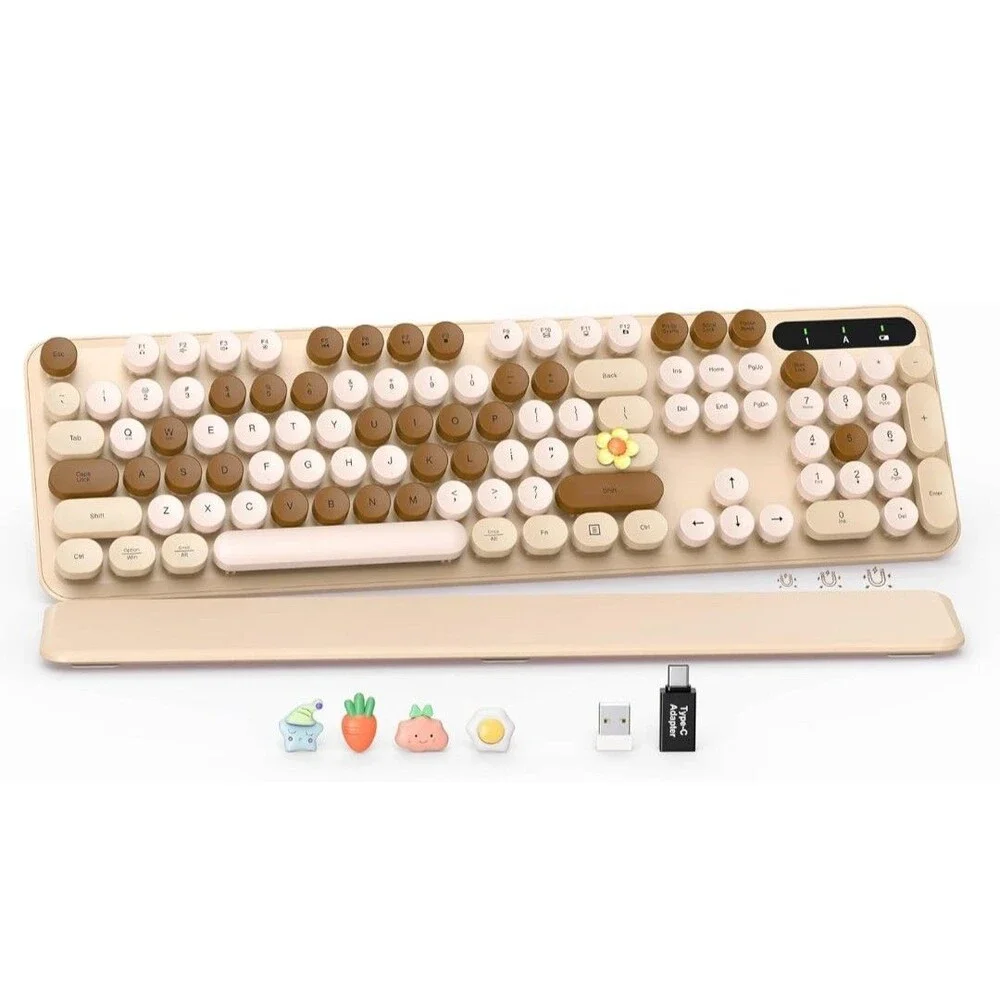 Wireless Keyboard Latte Round Keycaps, Retro Typewriter Detachable Wrist Rest
